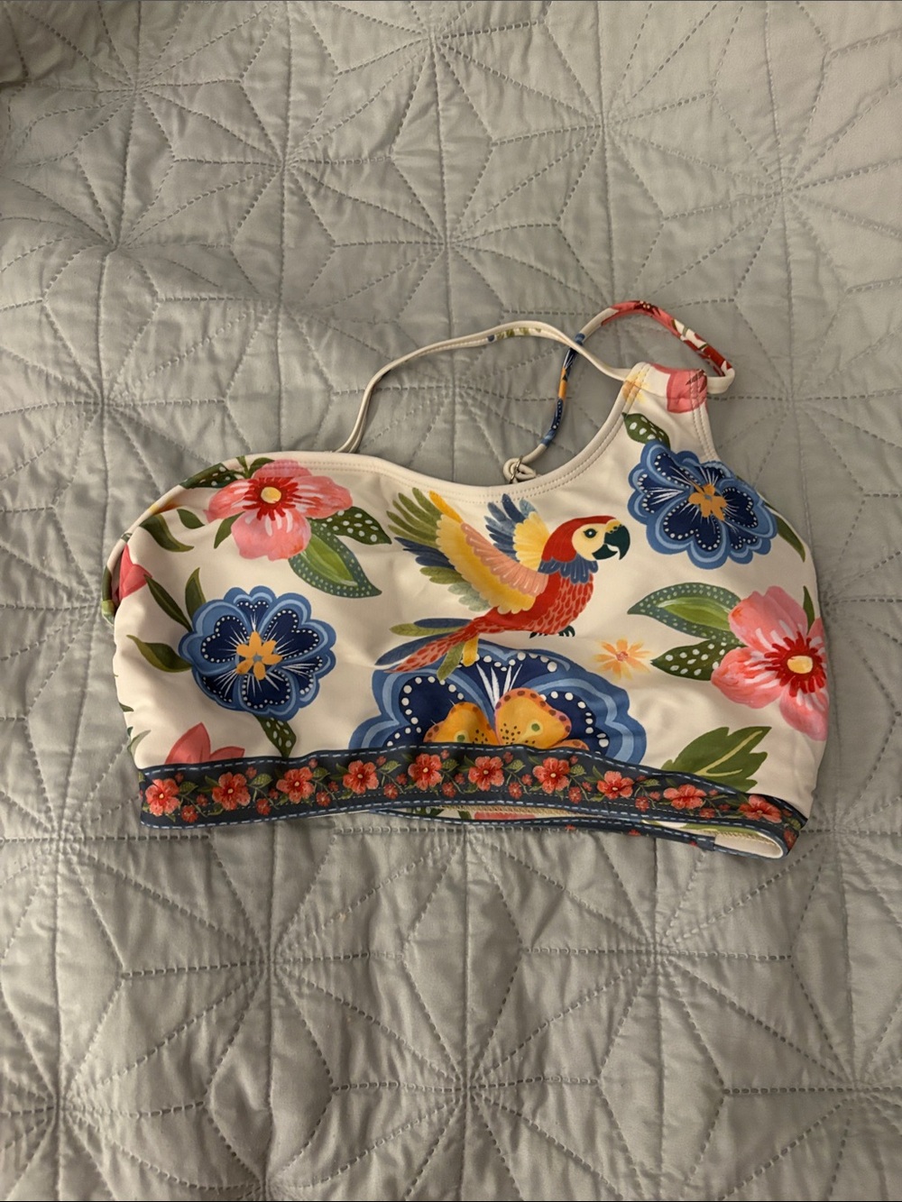 Floral Parrot Print Bikini Top - White with Multicolor Floral